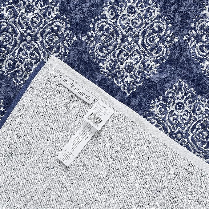 Modern Threads 6-Piece 100% Cotton Damask Medallion Towel Set, Navy | Highly Absorbent, Soft & Plush, Quick-Drying, 550 GSM, Color-Rich Yarn-Dyed Design, OEKO-TEX Certified