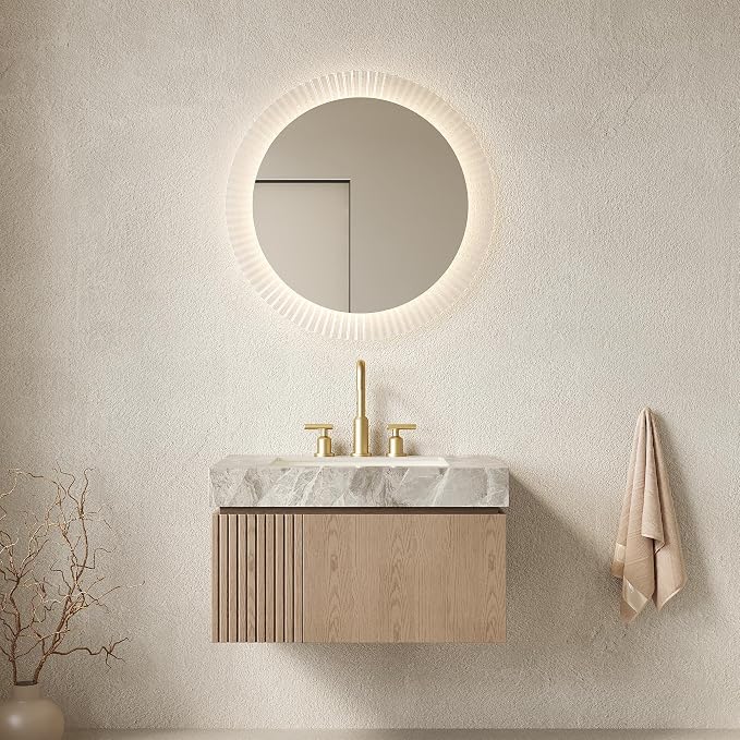 KEIKI 30 Inch Floating Bathroom Vanity with Sink, Light Brown & Grey | Modern Wall Mounted Storage Cabinet w/ Drawer & Door, Pre-assembled Wood Panels, Sintered Stone Top & Ceramic Basin Combo Set