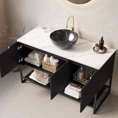 Ambrovina 48" Bathroom Vanity with Vessel Sink, Freestanding Bathroom Storage Cabinet with 3 Doors and Open Shelf, Bowl Shape Ceramic Basin and Carrara White Sintered Stone Countertop, Gloss Black