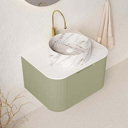 24'' Floating Vanity with Sink Combo, Modern Wall-Mounted Curved Edges Striped Bathroom Storage Cabinet with Soft-Close Drawer and White Stone Pattern Basin, Light Green