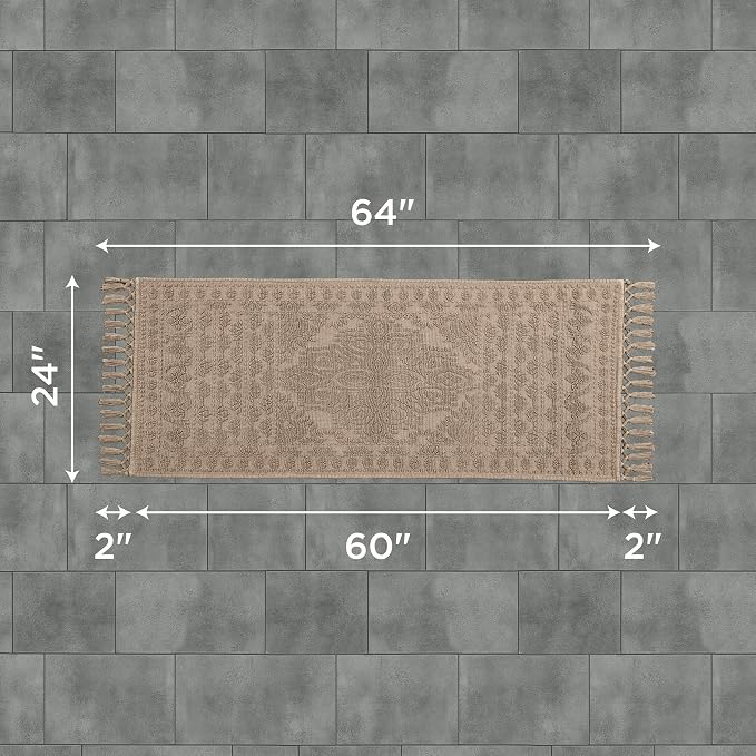 French Connection Nellore Bathroom Rugs, Woven and Beaded Bathroom Mats, Durable Bath Rugs, Thick Bath Mats for Bathroom and Shower Rugs, 24" x 64", Light Brown