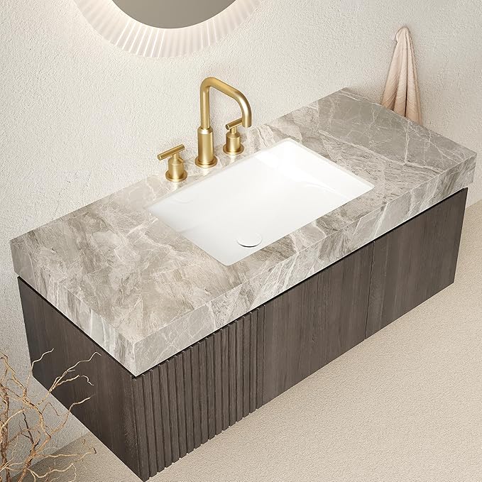 48" Floating Bathroom Vanity with Sink, Plywood Bathroom Vanities with Drawer and Doors, Light Gray Sintered Stone and 3 Pre-drilled Faucet Holes Ceramic Basin, Pre-Assembled, Espresso Woodgrain