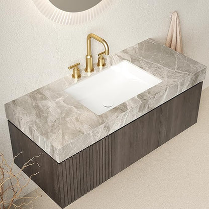 48" Floating Bathroom Vanity with Sink, Plywood Bathroom Vanities with Drawer and Doors, Light Gray Sintered Stone and 3 Pre-drilled Faucet Holes Ceramic Basin, Pre-Assembled, Espresso Woodgrain