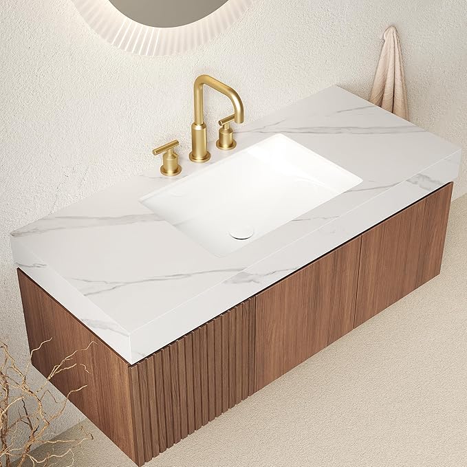 48" Floating Bathroom Vanity with Sink, Modern Plywood Bathroom Vanities with Drawer and Doors, Carrara White Sintered Stone Top and 3 Pre-drilled Faucet Holes Ceramic Basin, Pre-Assembled, Dark Oak
