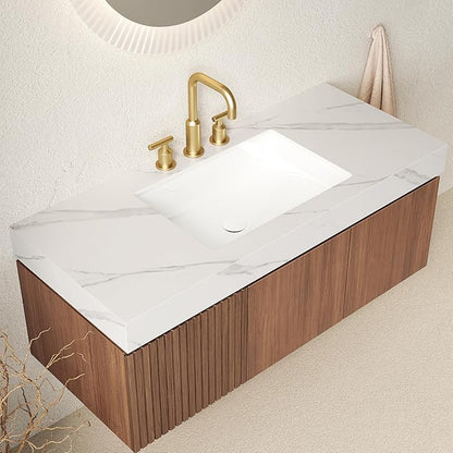 48" Floating Bathroom Vanity with Sink, Modern Plywood Bathroom Vanities with Drawer and Doors, Carrara White Sintered Stone Top and 3 Pre-drilled Faucet Holes Ceramic Basin, Pre-Assembled, Dark Oak