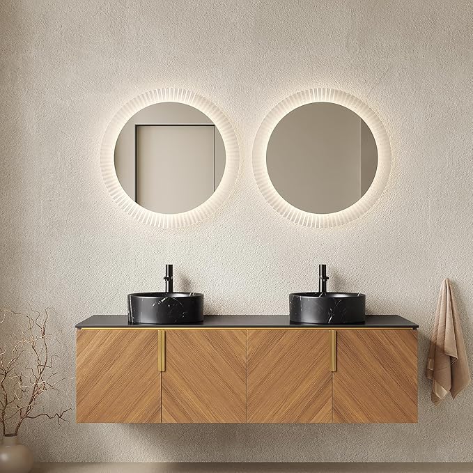 60" Double Sink Bathroom Vanity with Sink Combo, Floating Vanity with Vessel Sink, Wall-Mounted Plywood Bathroom Vanity Storage Cabinet with 4 Doors & 2 Black Round Basin, Brown Oak