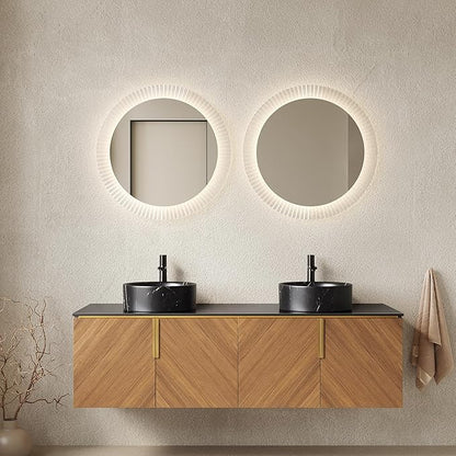 60" Double Sink Bathroom Vanity with Sink Combo, Floating Vanity with Vessel Sink, Wall-Mounted Plywood Bathroom Vanity Storage Cabinet with 4 Doors & 2 Black Round Basin, Brown Oak