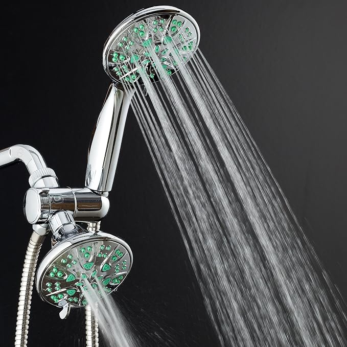 AquaDance Antimicrobial/Anti-Clog High-Pressure 30-setting Dual Head Combination Shower with Microban Nozzle Protection From Growth of Mold, Mildew & Bacteria for a Healthier Shower– Coral Green, 4 In