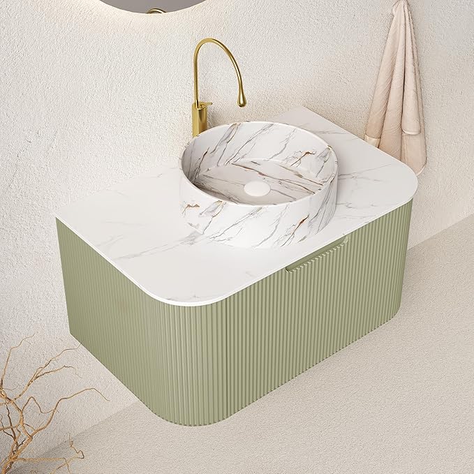 30'' Floating Vanity with Sink Combo, Modern Wall-Mounted Curved Edges Striped Bathroom Storage Cabinet with Soft-Close Drawer and White Stone Pattern Basin, Light Green