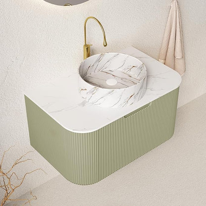 30'' Floating Vanity with Sink Combo, Modern Wall-Mounted Curved Edges Striped Bathroom Storage Cabinet with Soft-Close Drawer and White Stone Pattern Basin, Light Green