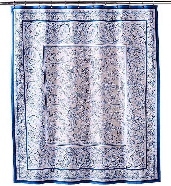 Maison d' Hermine Shower Curtain 100% Cotton One Panel 70"x72" Washable Fabric Shower Curtains for Bathroom, Easy Hanging with 12 Button Holes -Hotel Spa Easter Gifts (Palatial Paisley - Blue)