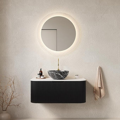 Yayzy 36" Floating Bathroom Vanity with Sink, Solid Wood Fluted Cabinet, White Marble-Patterned Ceramic Basin & Faux Marble Top, Soft-Close Drawer, Pre-Assembled, Gloss Black