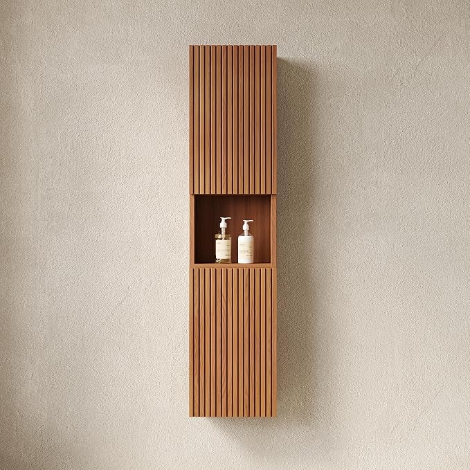 KEIKI Bathroom Wall Cabinet with Soft-Close Doors & Open Shelf, Brown Oak | Premium Wood Medicine Cabinet, Narrow Storage Cabinet for Bathroom Kitchen Laundry Room