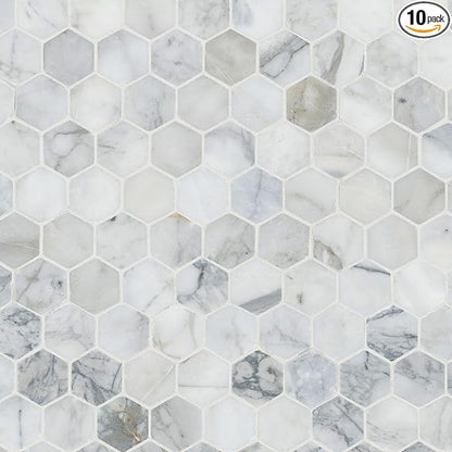 MSI Calacatta Cressa 12 in. x 12 in. Hexagon Honed Marble Tile – Kitchen Backsplash, Bathroom Wall, Accent or Shower Wall, Mesh-Mounted Mosaic, White