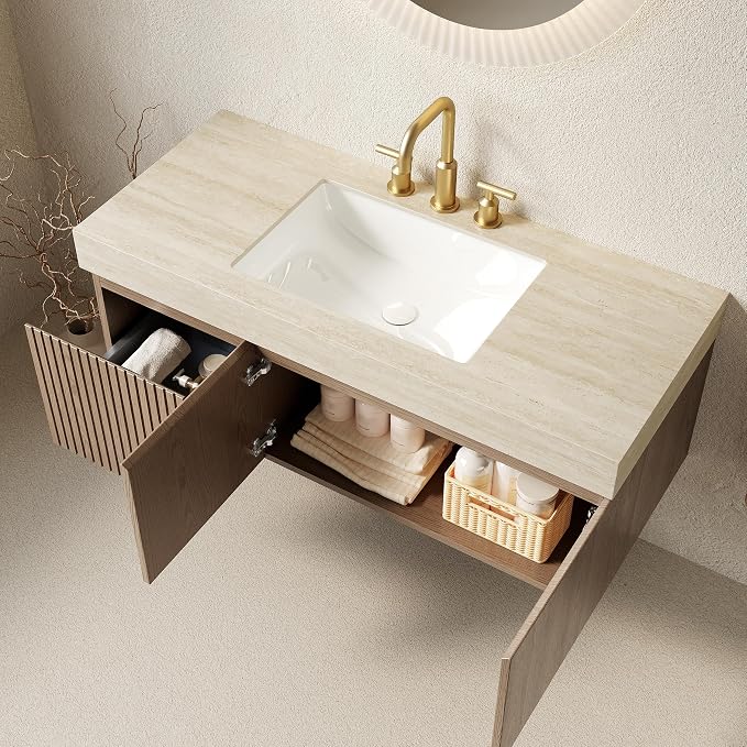 KEIKI 48 Inch Floating Bathroom Vanity with Sink, Light Brown & Beige | Modern Wall Mounted Storage Cabinet w/ Drawer & Door, Pre-assembled Wood Panels, Sintered Stone Top & Ceramic Basin Combo Set