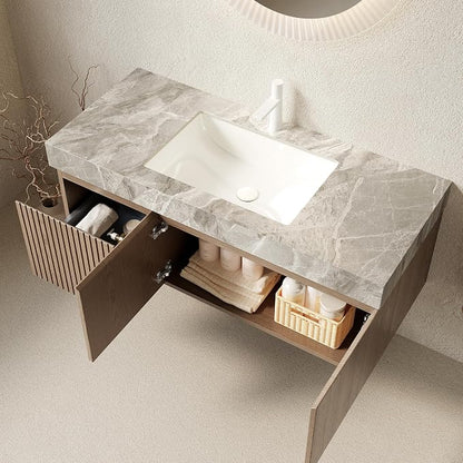 KEIKI 48 Inch Floating Bathroom Vanity with Sink, Light Brown & Grey | Modern Wall Mounted Storage Cabinet w/ Drawer & Door, Pre-assembled Wood Panels, Sintered Stone Top & Ceramic Basin Combo Set