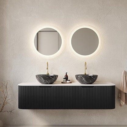 60'' Bathroom Vanities Cabinet with Sink, Wall Mounted Floating Cabinet W/Curved Edges Stripes, Oak Plywood, Soft-Close System with 2 Drawer & 2 Black Bowl Ceramic Basin - Kiel, Black/R