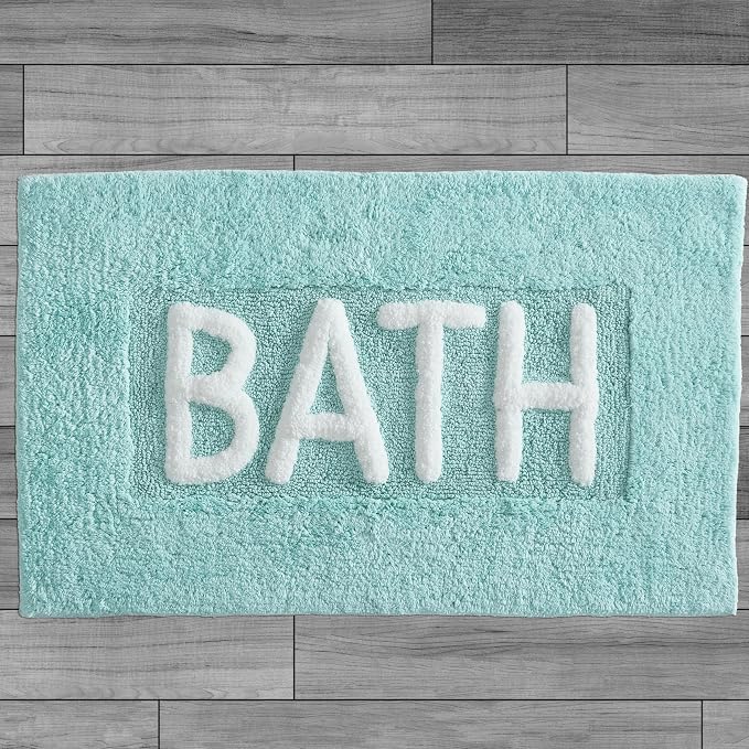 Creative Home Ideas Cotton Bath Rug - Soft Cotton Bath Mat - Bathroom Decor - Water Absorbent and Machine Washable - Measures 21"x34" - "Bath" - Aqua Blue
