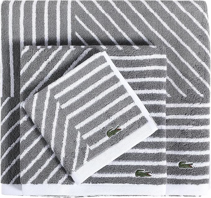 Lacoste Guethary Striped 6PC Towel Set – 100% Cotton, Reversible Design, Durable & Lightweight, Machine Washable – Meteorite, 2 Bath Towels (30"x54"), 2 Hand Towels (16"x30"), 2 Washcloths (13"x13")