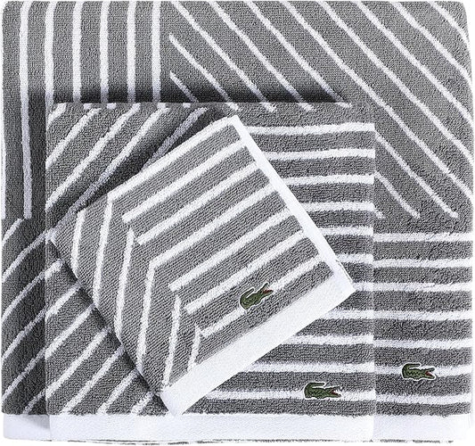 Lacoste Guethary Striped 6PC Towel Set – 100% Cotton, Reversible Design, Durable & Lightweight, Machine Washable – Meteorite, 2 Bath Towels (30"x54"), 2 Hand Towels (16"x30"), 2 Washcloths (13"x13")
