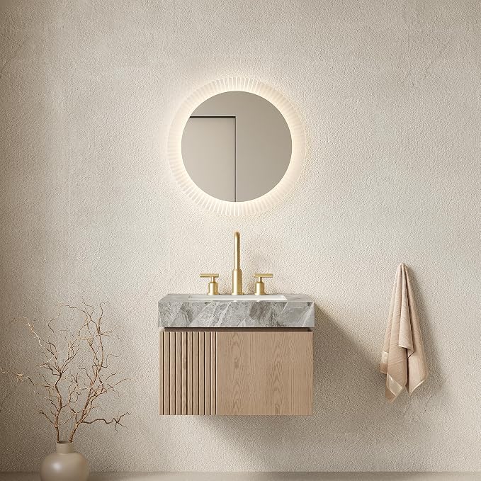KEIKI 24 Inch Floating Bathroom Vanity with Sink, Light Brown & Grey | Modern Wall Mounted Storage Cabinet with 2 Doors, Pre-assembled Wood Panels, Sintered Stone Top & Ceramic Basin Combo Set