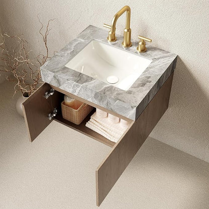 KEIKI 24 Inch Floating Bathroom Vanity with Sink, Light Brown & Grey | Modern Wall Mounted Storage Cabinet with 2 Doors, Pre-assembled Wood Panels, Sintered Stone Top & Ceramic Basin Combo Set