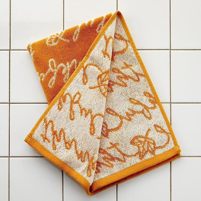SKL Home Fall/Thanksgiving Thankful Script Hand Towel Set-2pc, Yellow | 100% Cotton. Soft & absorbent. Reversible jacquard pattern. Great for the bathroom, kitchen or bar & gifting.