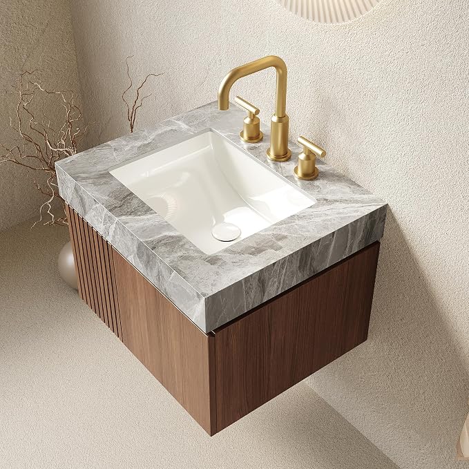 KEIKI 24 Inch Floating Bathroom Vanity with Sink, Brown Oak & Grey | Modern Wall Mounted Storage Cabinet with 2 Doors, Pre-assembled Wood Panels, Sintered Stone Top & Ceramic Basin Combo Set