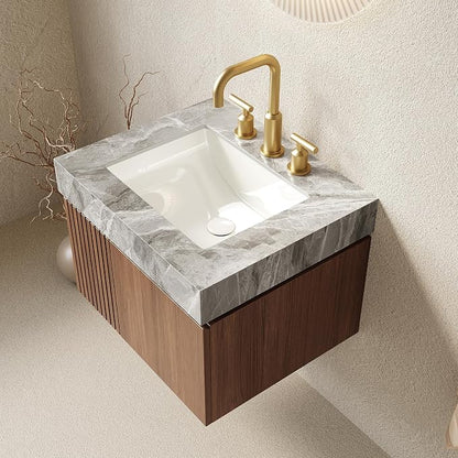 KEIKI 24 Inch Floating Bathroom Vanity with Sink, Brown Oak & Grey | Modern Wall Mounted Storage Cabinet with 2 Doors, Pre-assembled Wood Panels, Sintered Stone Top & Ceramic Basin Combo Set