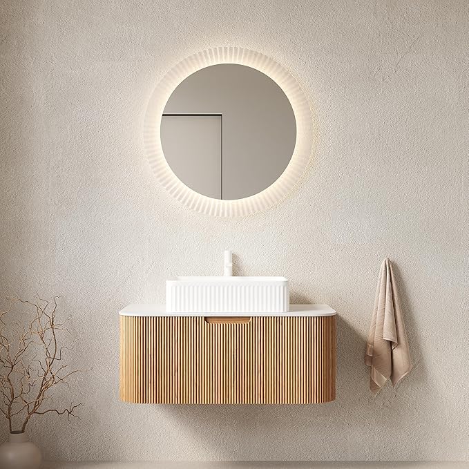 Yayzy 36" Floating Bathroom Vanity with Sink, Solid Wood Fluted Cabinet, White Fluted Square Ceramic Basin & Faux Marble Top, Soft-Close Drawer, Pre-Assembled, Natural Woodgrain