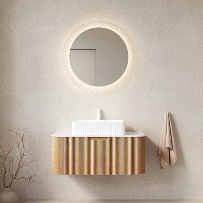 Yayzy 36" Floating Bathroom Vanity with Sink, Solid Wood Fluted Cabinet, White Fluted Square Ceramic Basin & Faux Marble Top, Soft-Close Drawer, Pre-Assembled, Natural Woodgrain