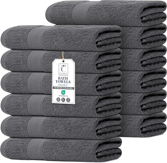 Commercial Bulk Pack of 12 Large Bath Towels – 100% Cotton Terry 24" x 50" – Ideal for Hotels, Salons, Gyms, Spas & Institutional Use – Charcoal Grey
