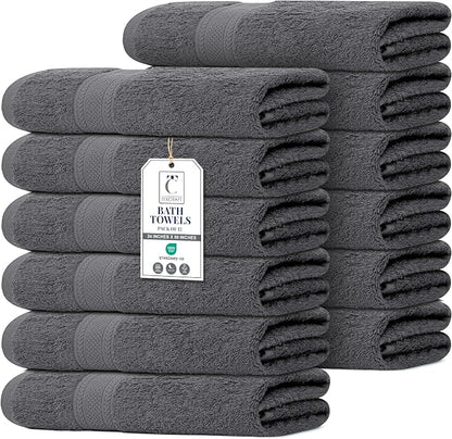 Commercial Bulk Pack of 12 Large Bath Towels – 100% Cotton Terry 24" x 50" – Ideal for Hotels, Salons, Gyms, Spas & Institutional Use – Charcoal Grey