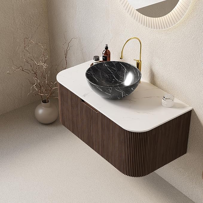 36'' Bathroom Vanities Cabinet with Sink Combo, Wall Mounted Floating Cabinet W/Curved Edges Stripes, Oak Plywood, Soft-Close System with a Drawer, Black Bowl Ceramic Basin - Kiel, Dark Walnut/R