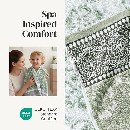Modern Threads 6 Piece Bath Towel Set – Bathroom Set with 2 Bath Towels, 2 Hand Towels, and 2 Wash Cloths – 100% Cotton, Super Absorbent & Extra Soft – Reversible Floral Trail (Sage Green)
