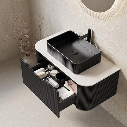 36'' Bathroom Vanities Cabinet with Sink, Wall Mounted Floating Cabinet W/Curved Edges Stripes, Oak Plywood, Soft-Close System with a Drawer, Black Rectangular Ceramic Basin - Kiel, Black/B