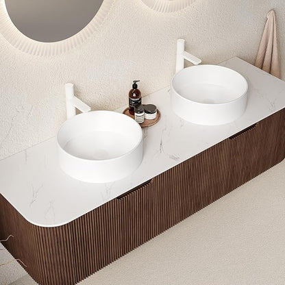 60'' Bathroom Vanities Cabinet with Sink, Wall Mounted Floating Cabinet W/Curved Edges Stripes, Oak Plywood, Soft-Close System with 2 Drawer & 2 White Round Ceramic Basin - Kiel, Dark Walnut