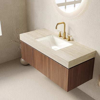 48" Floating Bathroom Vanity with Sink, Bathroom Stroage Vanities with Drawer and 2 Doors, Roma Travertine-Pattern Countertop and 3 Pre-drilled Faucet Holes Ceramic Basin, Pre-Assembled, Dark Oak