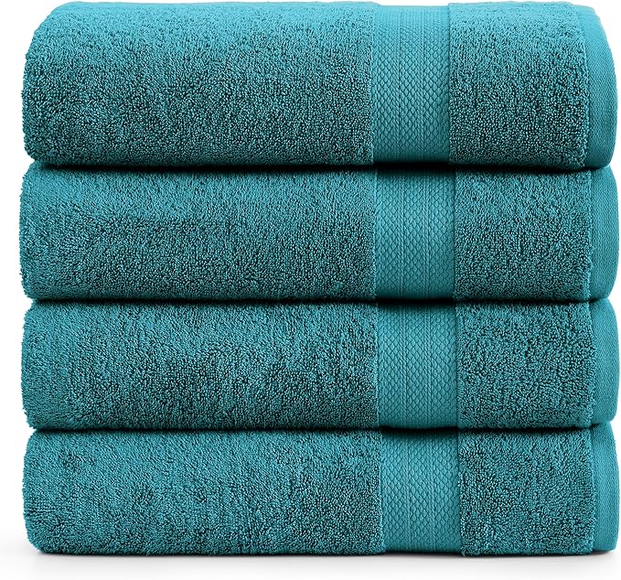 LANE LINEN Bathroom Towel Set 4 Piece Soft Absorbent Quick Dry - Sea Port | Cotton Towel Set - Coordinated Colors, Dobby Border Accent, OEKO-TEX Certified, Ring-Spun Durability, Ring-Spun Cotton