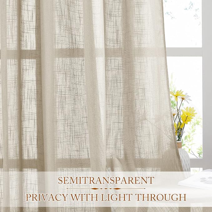 NICETOWN Sheer Curtains 84 inches Long, Linen Textured Rod Pocket & Back Tab Privacy Sheer Drapes with Light Through for Sliding Glass Door & Living Room Taupe, 52" Wide Per Panel, 1 Pair