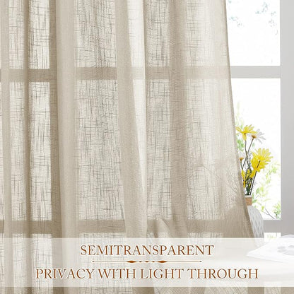 NICETOWN Sheer Curtains 84 inches Long, Linen Textured Rod Pocket & Back Tab Privacy Sheer Drapes with Light Through for Sliding Glass Door & Living Room Taupe, 52" Wide Per Panel, 1 Pair
