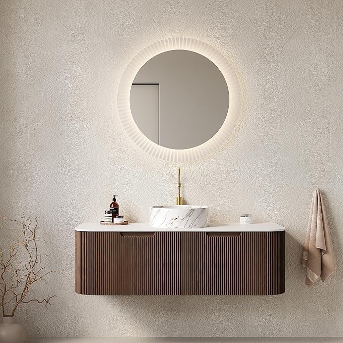 LKTART 48 Inch Floating Bathroom Vanity with Sink, Modern Wall Mounted Bathroom Storage Cabinet with Drawer, Stone Pattern Round White Ceramic Sink Top and Marble Texture Top, Walnut