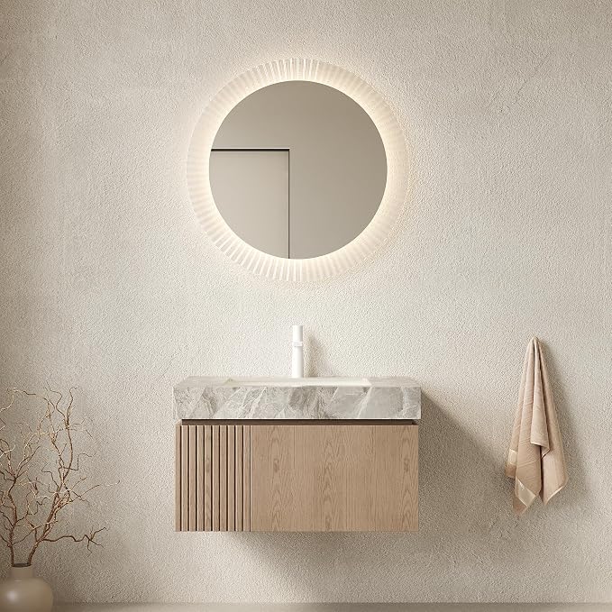 KEIKI 30 Inch Floating Bathroom Vanity with Sink, Light Brown & Grey | Modern Wall Mounted Storage Cabinet w/ Drawer & Door, Pre-assembled Wood Panels, Sintered Stone Top & Ceramic Basin Combo Set
