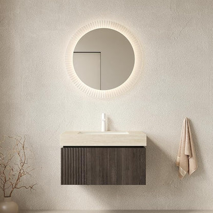 KEIKI 30 Inch Floating Bathroom Vanity with Sink, Espresso & Beige | Modern Wall Mounted Storage Cabinet w/ Drawer & Door, Pre-assembled Wood Panels, Sintered Stone Top & Ceramic Basin Combo Set