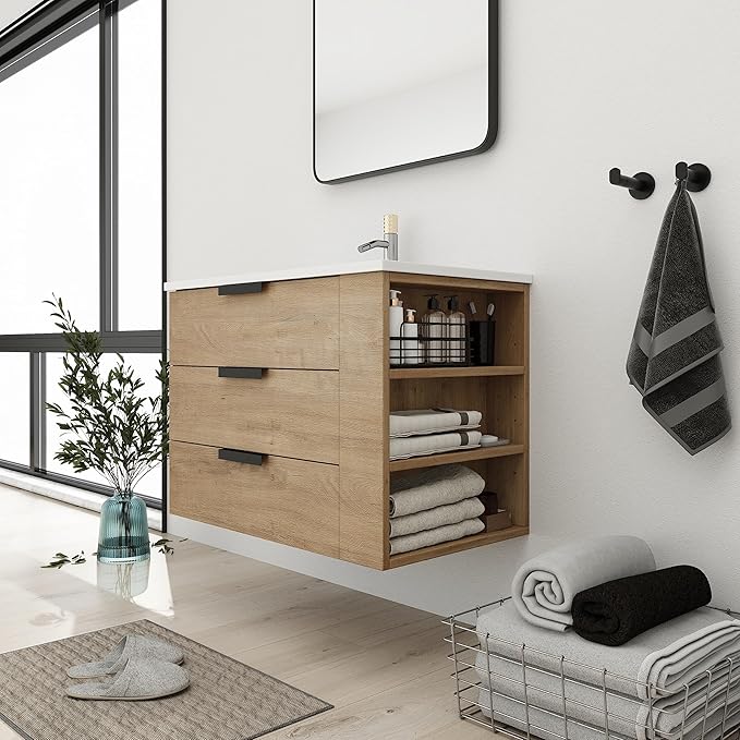 Bathroom Vanity with Sink 30 Inch, Single Sink Modern Bathroom Vanities Set, Wall-Mounted Bathroom Vanity, Floating Soft Close Door (IMO, 30 * 18)