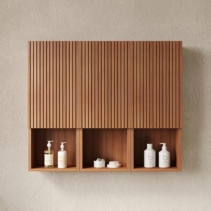 KEIKI Bathroom Wall Cabinet with Soft-Close Doors & Open Shelf, Brown Oak | Premium Wood Medicine Cabinet, Floating Storage Cabinet for Bathroom Kitchen Laundry Room