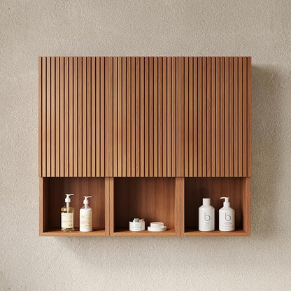 KEIKI Bathroom Wall Cabinet with Soft-Close Doors & Open Shelf, Brown Oak | Premium Wood Medicine Cabinet, Floating Storage Cabinet for Bathroom Kitchen Laundry Room