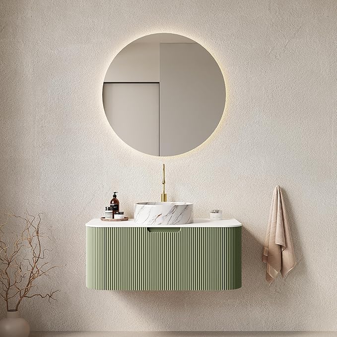 LKTART 36 Inch Floating Bathroom Vanity with Sink, Modern Wall Mounted Bathroom Storage Cabinet with Drawer, Stone Pattern Round White Ceramic Sink Top and Marble Texture Top, Green