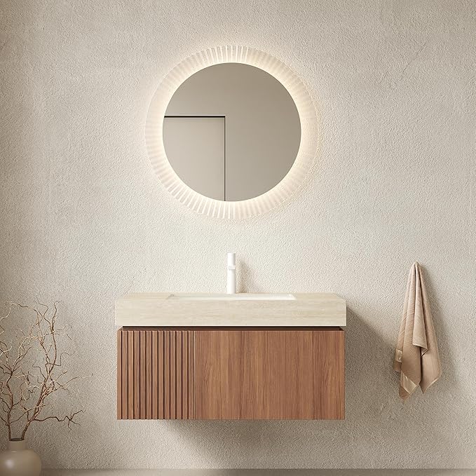KEIKI 36 Inch Floating Bathroom Vanity with Sink, Modern Wall Mounted Storage Cabinet with Drawer, Pre-assembled Waterproof Wood Panels, Sintered Stone Top & Ceramic Basin Combo Set, Brown Oak & Beige