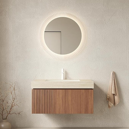 KEIKI 36 Inch Floating Bathroom Vanity with Sink, Modern Wall Mounted Storage Cabinet with Drawer, Pre-assembled Waterproof Wood Panels, Sintered Stone Top & Ceramic Basin Combo Set, Brown Oak & Beige